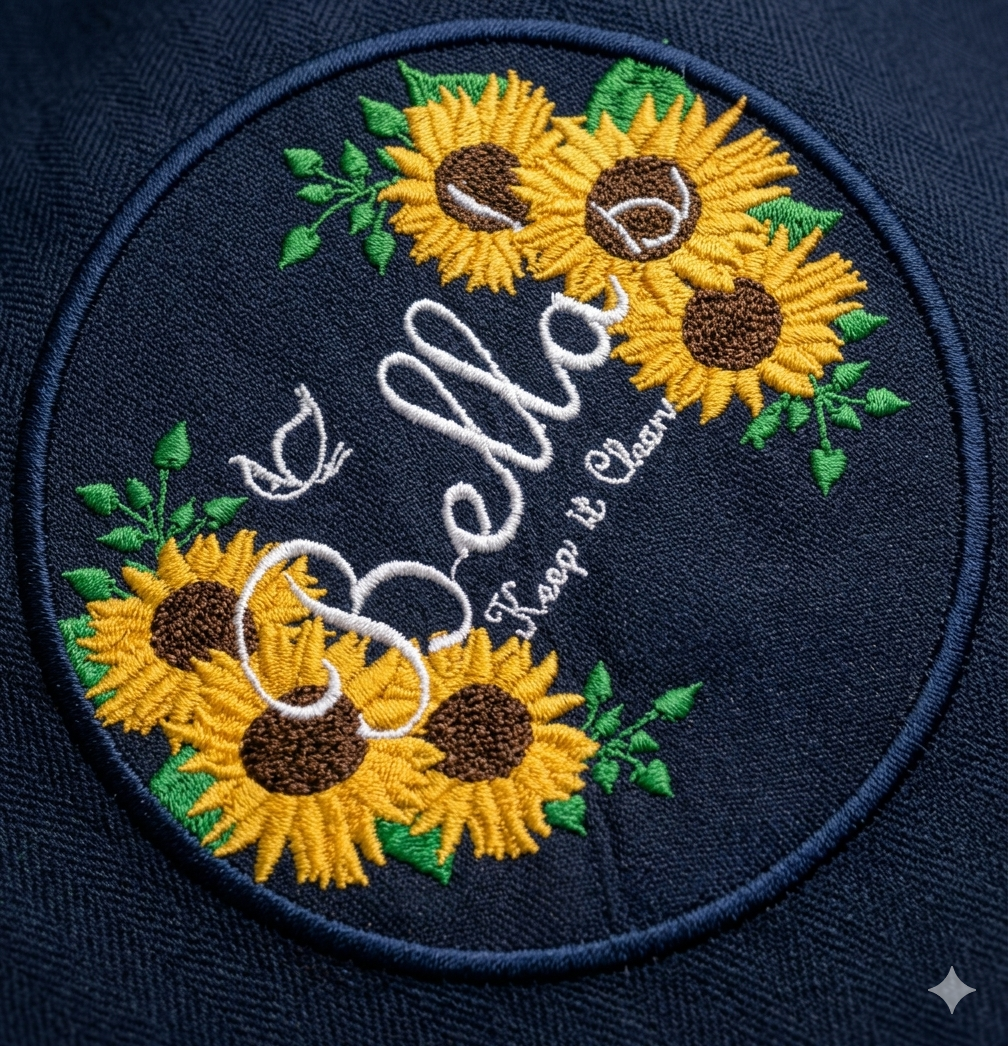 Bella's Keeping It Clean embroidered sunflower logo